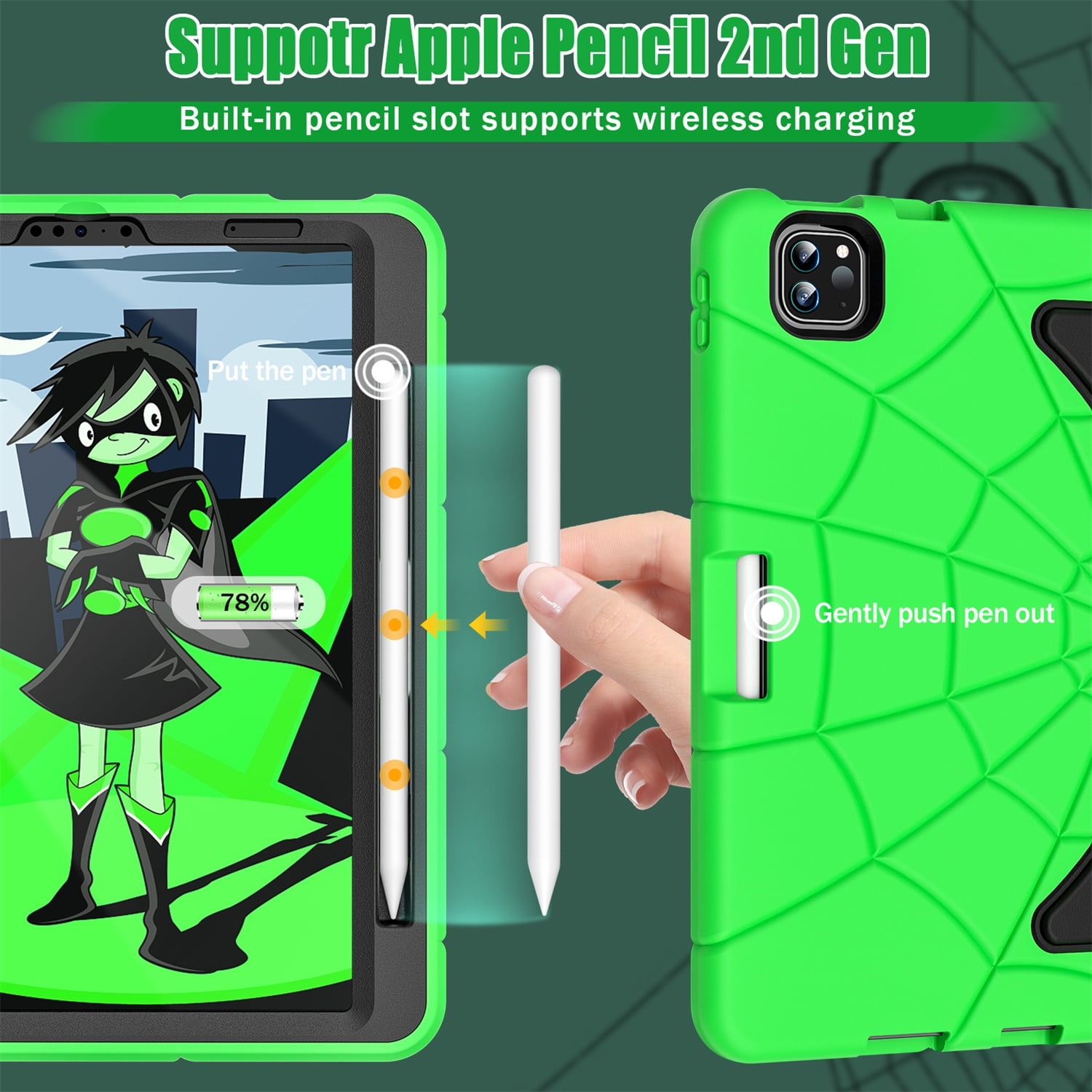 Kids Case for iPad 9th/8th/7th Generation with Pencil Holder, Lightweight Shockproof Stand Anti-Slip Rugged Silicone PC Case Cover for iPad 10.2" 2021/2020/2019 for Boys Girls, Green+Black