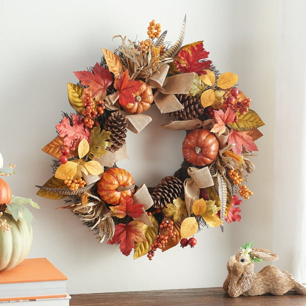 Way to Celebrate Pumpkins and Leaves Harvest Wreath 24 Walmartcom