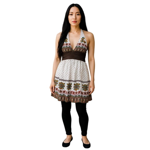 Women Summer Dress White and Brown Polkdot Tie Backless Halter Floral Design Dress