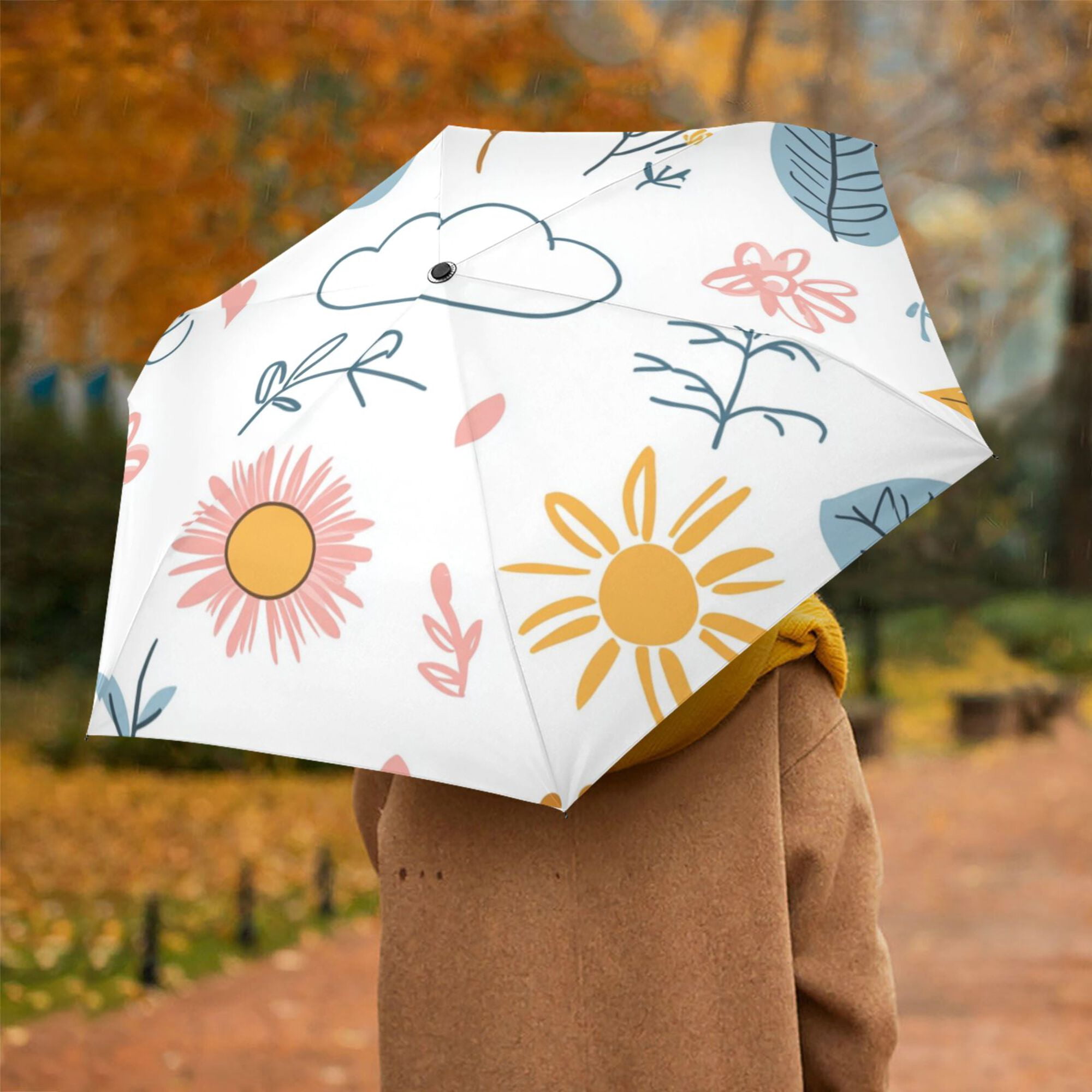 FORMRS Travel Umbrella Folding Auto Open Close Windproof Rain UV Protection, Cartoon Doodles