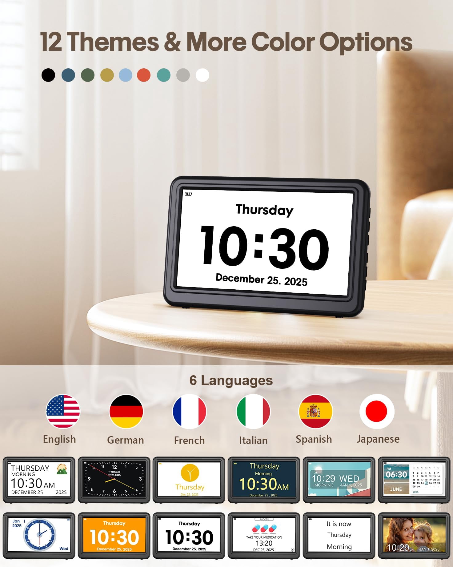 Clock With Day And Date For Operated  Digital Calendar 12 Display Modes 20 Alarms Reminders Dementia Clocks Seniors Black (with Rechargeable Battery)