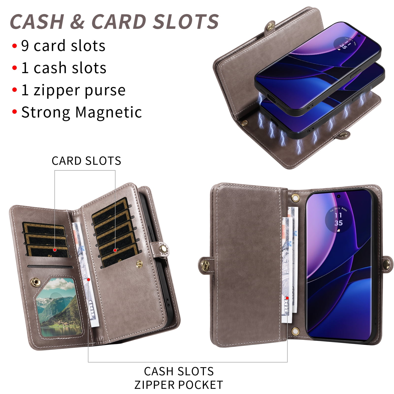 Asuwish Phone Case for Motorola Edge 2023/Edge 40 5G Zipper Wallet Detachable Cell Cover with Tempered Glass Screen Protector Crossbody Strap Flower Flip Card Holder Slot Moto Edge2023 6.6 Women Gray
