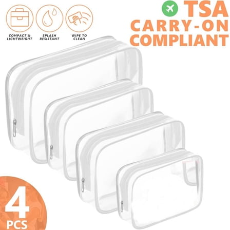 4PCS Clear Makeup Bag,Portable Travel Toiletry Bags with Zipper, TSA Approved Clear Organizer Bags, PVC Cosmetic Pouch for Airport Airline Compliant