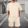 thumbnail image 2 of Homeyce Men Short Sets 2 Piece Outfits Casual Short Sleeve Crew Neck Golf Polo Shirt and Waffle Knit Shorts Set with Pockets Summer Vacation Cruise Outfits Set,Brown M, 2 of 4