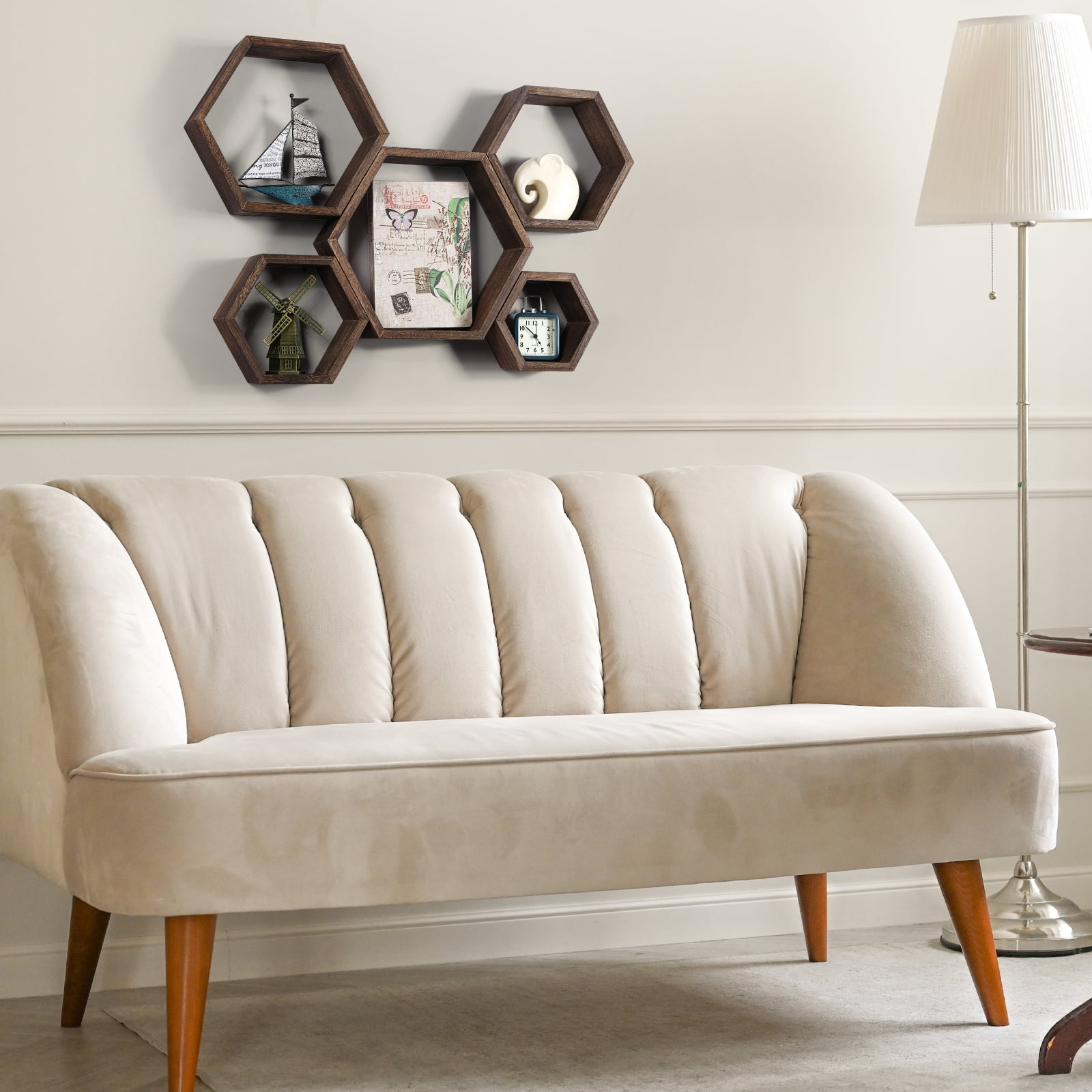 Hexagon Floating Shelves 5 Different Sizes Honeycomb Shelves for Wall, Brown