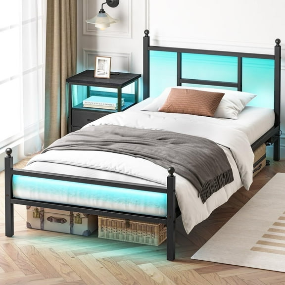 Fairy Twin Bed Frame with Charging Station, Metal Platform Bed with LED Lights, Black