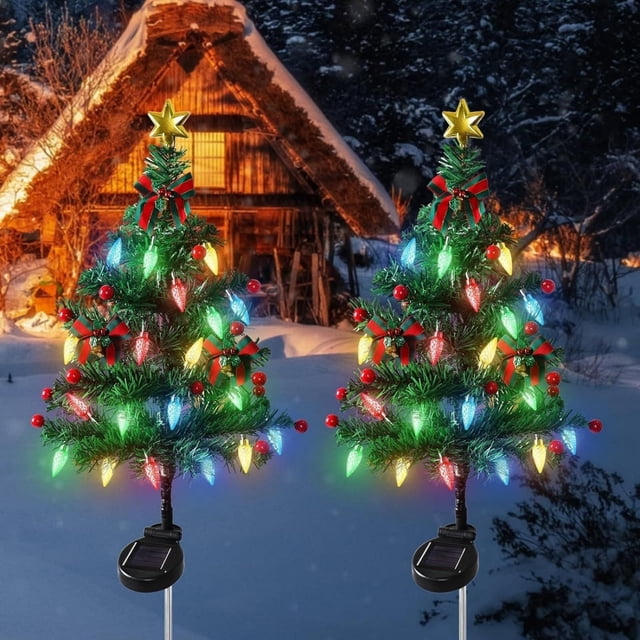 Luces solares para árbol de cedro navideño de exterior | Lámpara de estaca resistente a la intemperie, IP65, impermeable | LED blanco cálido | Sensor automático de anochecer a amanecer | Decoración