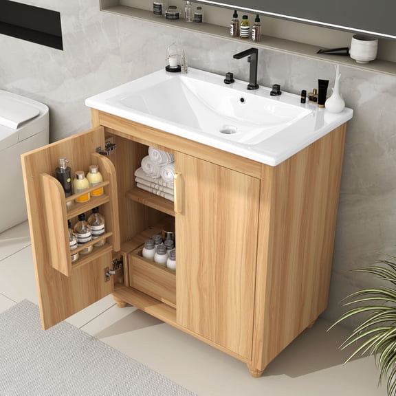 30 Inch Bathroom Vanity with Sink, Modern Bathroom Vanity with Storage Cabinet & Drawer, Freestanding Vanity Set with Ceramic Sink and Adjustable Shelf, Solid Wood & MDF, Natural