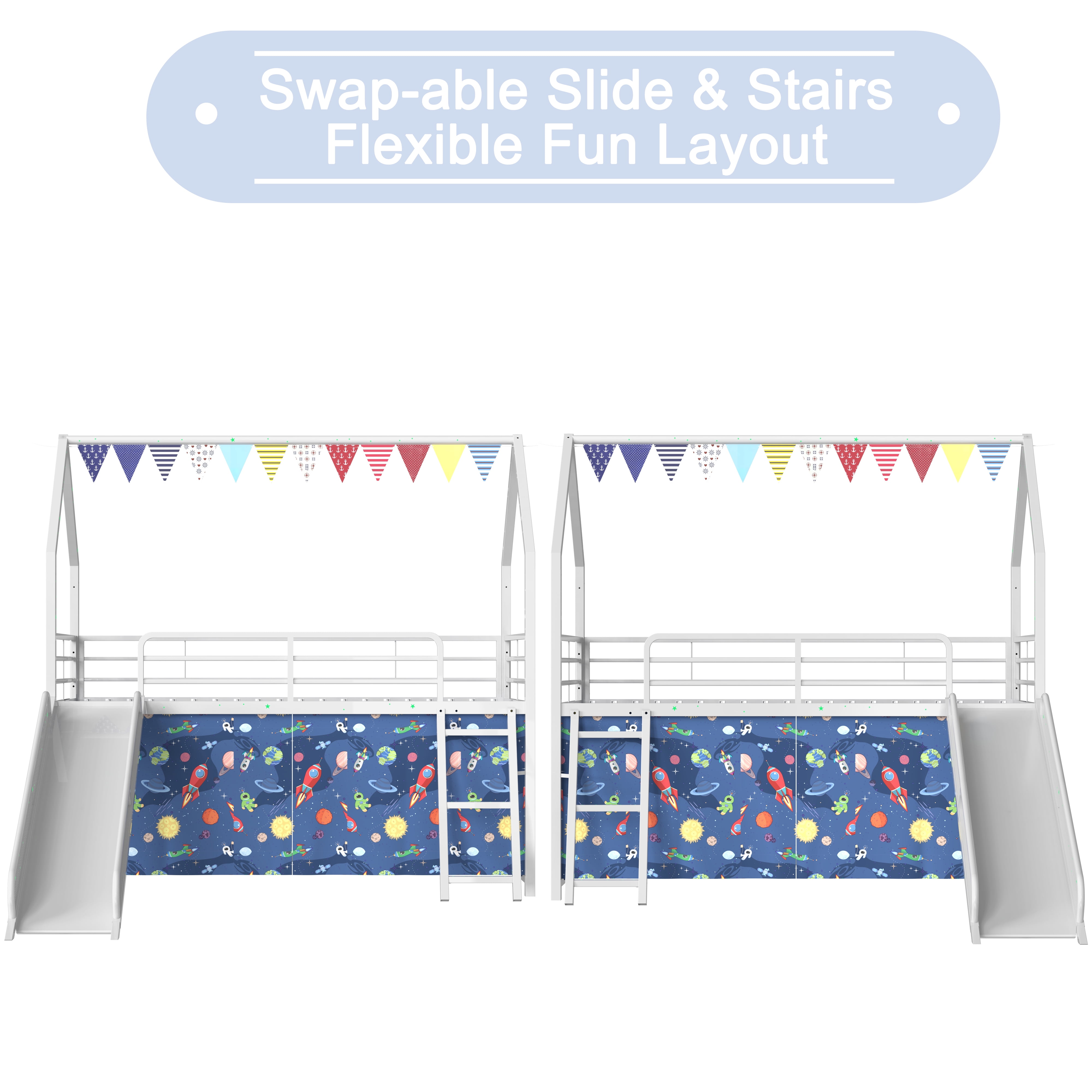 Miniyam Kids Twin Loft Bed with Slide and Curtain, House-Shaped Metal Frame Bunk with Guardrails, Ladder, White