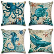 Mediterranean Style Throw Pillow Case Sea Theme Decorative Square Cotton Linen Coastal Cushion Cover for 18 X 18 Inch Pillow Inserts, 4Pack Nautical Pillow Covers