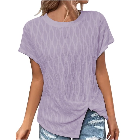 Gnshining Side Split Blouse for Women Summer Short Sleeve Tees Shirts Loose Solid Color Pullovers Crew Neck Tunic Tops