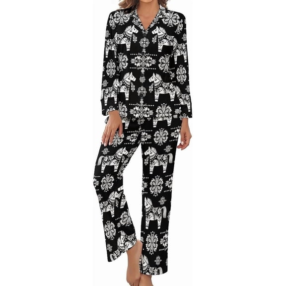 Top-kevin Women's Pajama Sets Black White Floral Horse Long Sleeve Lounge Sets Pjs Sleepwear with Pockets