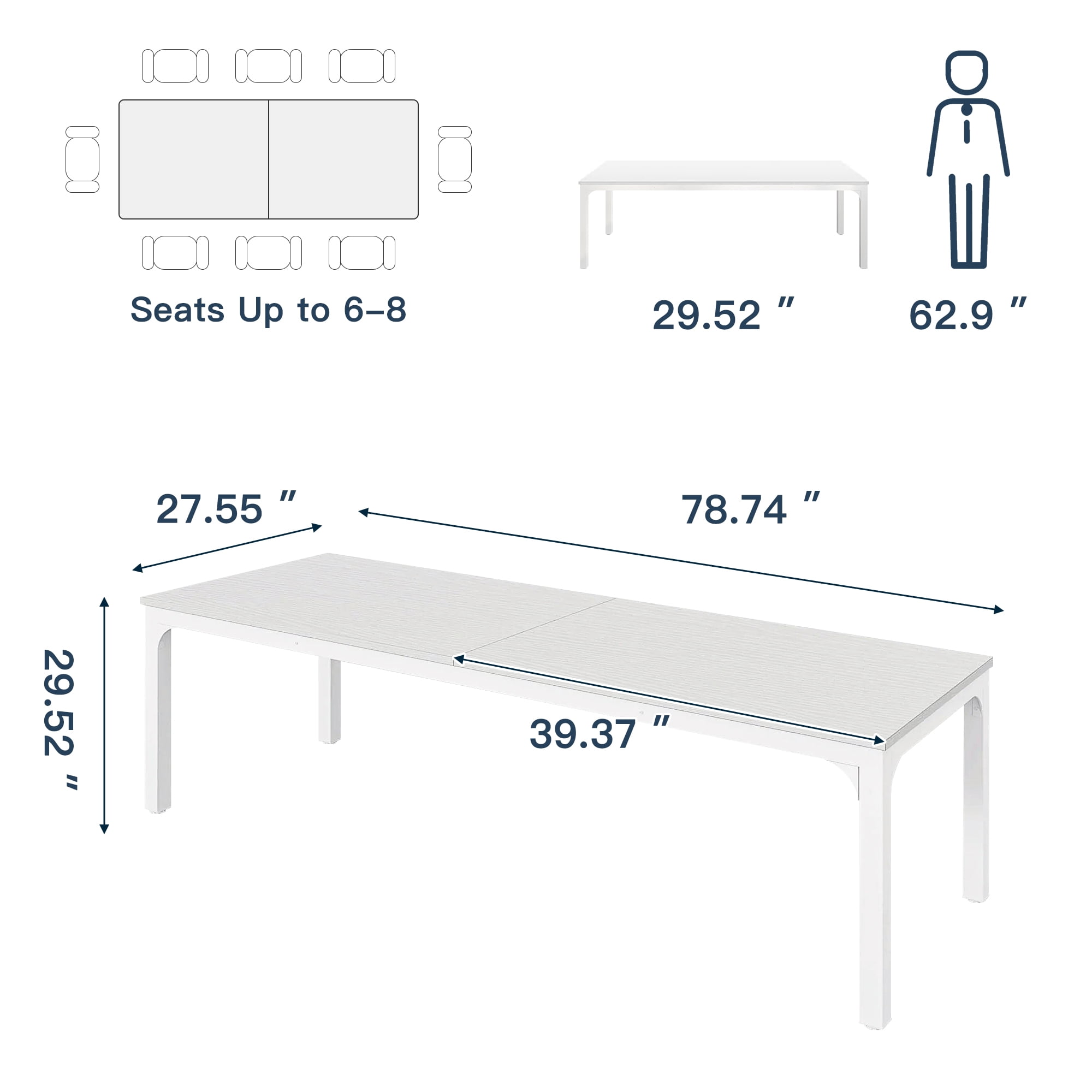 Demi Bonn 78" Farmhouse Dining Table, Wood Rustic Kitchen Table for 8 People, Large Rectangular Dinner Table for Dining Room, Home Office, Living Room Furniture, White