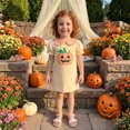 thumbnail image 3 of RUINIXCW Kids Toddler Baby Girl Halloween Dress Outfit Toddler Girls Summer Fall Dress Clothes Pumpkin Embroidery Doll Collar Puff Short Sleeve Dress, 3 of 10