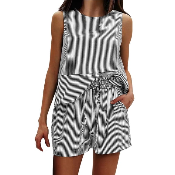 Shirts for Women Sleeveless Tank Top With Matching Shorts Set Cotton Striped Sweatsuit Polyester Cotton Blend Beach Vacation Casual Outfit L Size Spring Summer Womens Tops