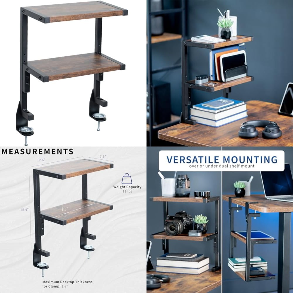 Clamp-on Above or Below Desk 2-Tier Shelving Unit for Table Accessories Gaming Devices and More Storage Tray Desktop Organizer Rustic STAND-SHELF2C-N