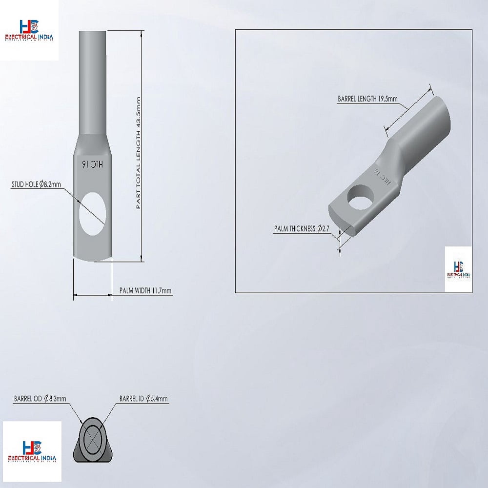 HLC Aluminum Lug | 16 mm² Wire Connector | Stud Hole | Heavy Duty Electrical Cable Lug | Crimp Type pack of 6