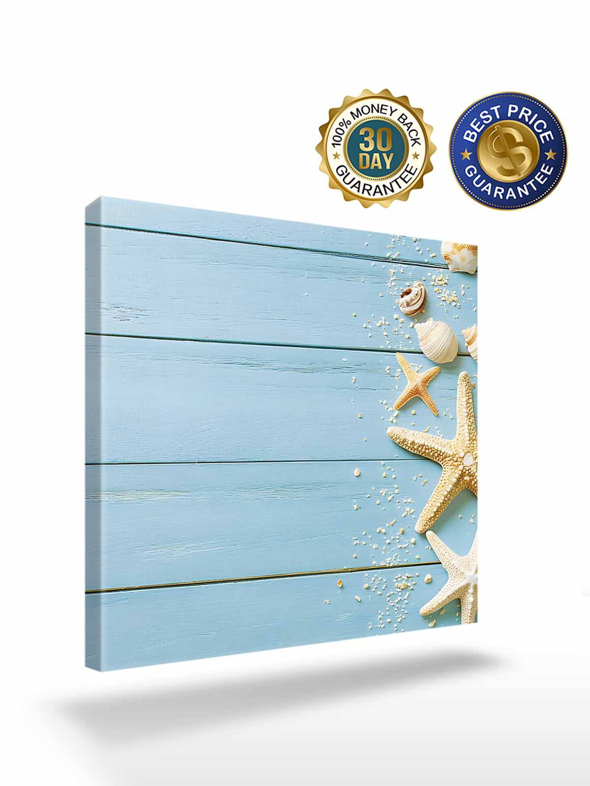 Beach Light Blue Canvas Wall Art, Rustic Ocean Starfish Seashell Wooden Framed Wall Decor Modern Artwork Prints Painting for Living Room, Bedroom, Kitchen & Cafe Decor 16x16 Inch
