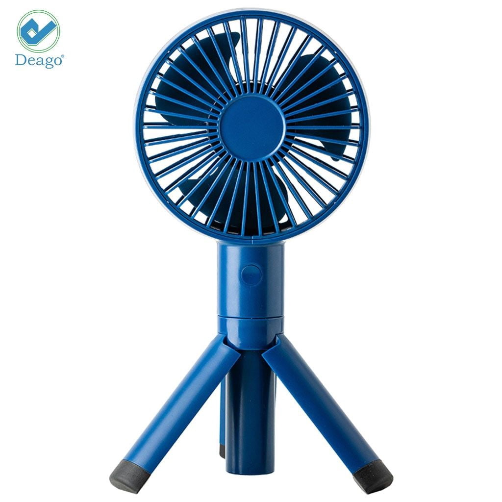 Deago Rechargeable USB Desk Cooling Fan Summer Mini Tripod Handheld Fan Foldable Bracket 3 Speeds Portable Fan for Outdoor Travel (Blue)