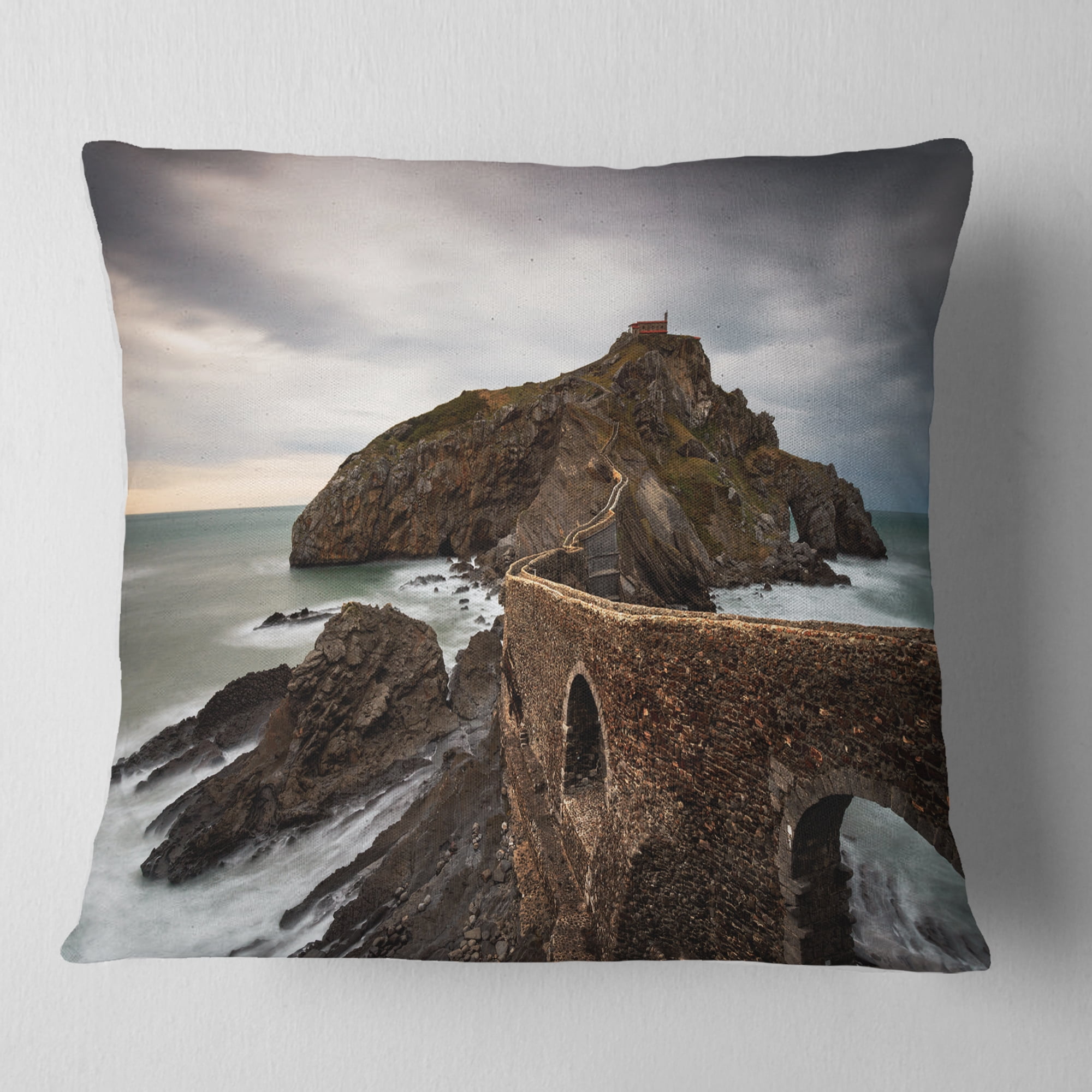 Designart Cape and Chapel in Spanish Beach - Seashore Photo Throw Pillow - 16x16