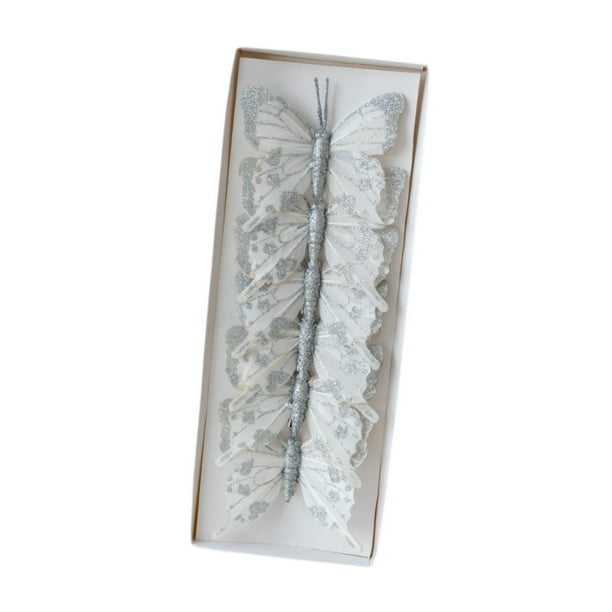 Adornos navideños de mariposas colgantes para pared, habitación, chimenea con clip Gris 6 piezas