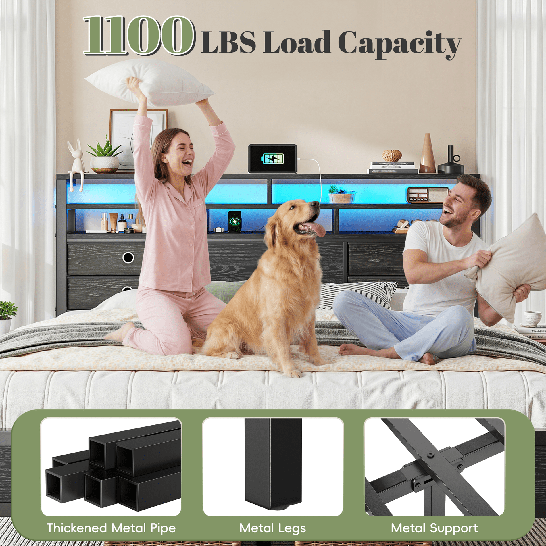 EnHomee Metal Bed Frame King with Headboard Metal Bed Frame with 4 Storage Drawers & 2-Tier Shelf & LED Light & Charge Station,Black