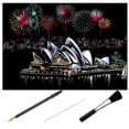 thumbnail image 2 of 1 Set 4pcs Dazzling City Night Scene Scratch Painting DIY Scratching Drawing Handmade Scratching Drawing Decompression Tool Diy Craft (Sydney Opera Ho, 2 of 4