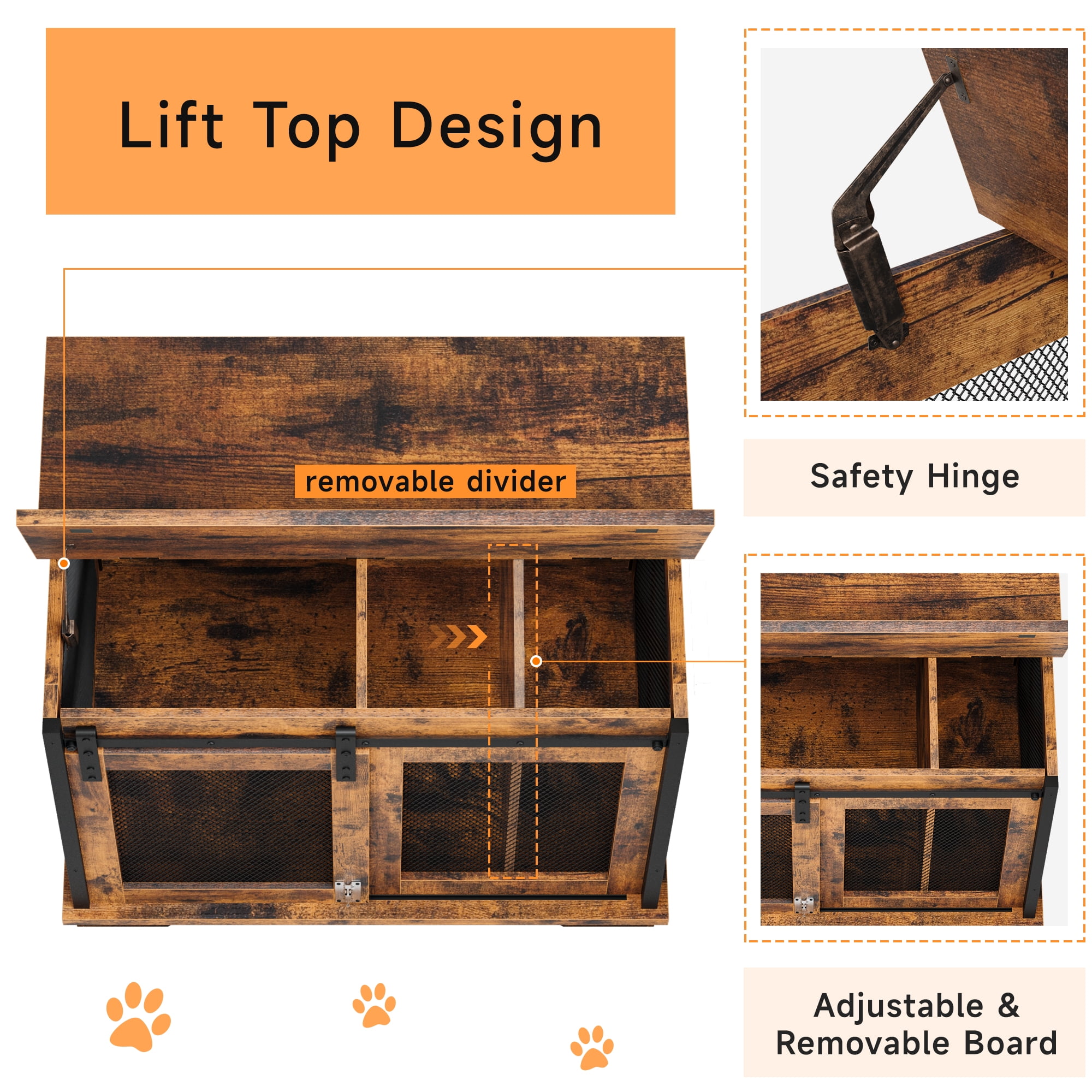 37" Sliding Barn Door Dog Crate Furniture with Flip Top and Movable Divider, Wooden Dog Crate