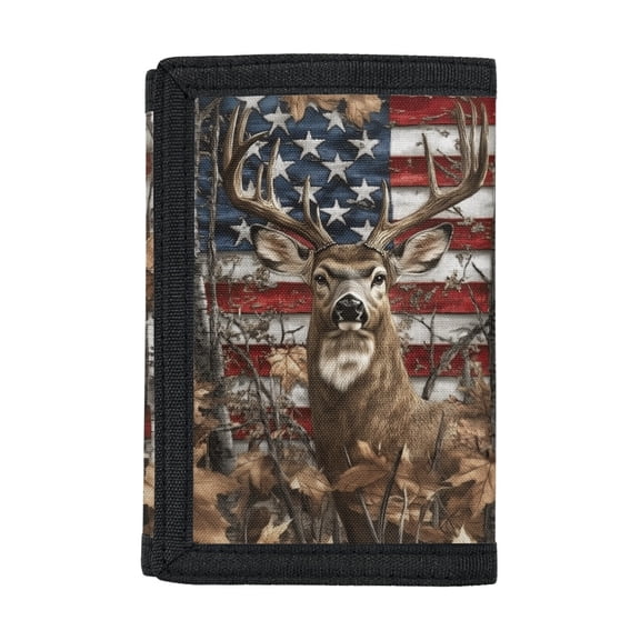 CHAQLIN US Flag & Deer Head with Leaf Camouflage Pattern Trifold Card Wallet for Sports, Polyester Children's Wallet with Lightweight Washable Kids Trifold Wallet
