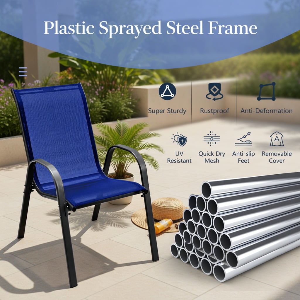 Hommoo 2-Pack Stackable Outdoor Dining Chairs with Armrests, Fabric, Grey Steel Frame, Ergonomic Patio Seating for Backyard, Deck & Balcony, Navy