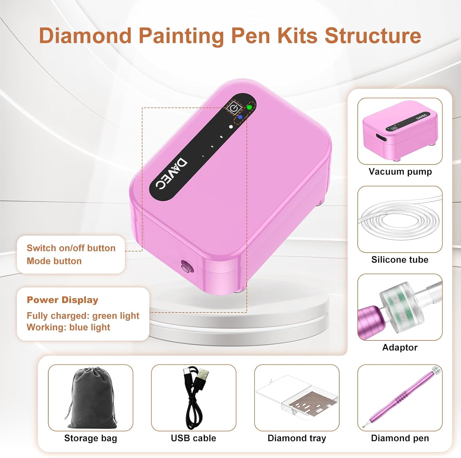Diamond Art Painting Pen, 1500mAh Rechargebale Vacuum Diamond Art Pen Kits for Adults with USB Charge, Electric Diamond Art Accessories Tools with Storage Tray, 3 Mode Suction and Low Noise (Pink)
