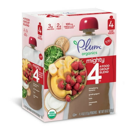 Plum Organics Mighty 4 Blends Strawberry Banana, Greek Yogurt, Kale, Oat & Amaranth, 4oz (Pack of 4)