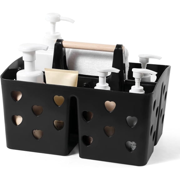Portable Shower Caddy Plastic Shower Basket Organizer Divided Bathroom Caddy Storage Cleanning Caddy Tote with Handle for College, Dorm Room, Kitchen, Black