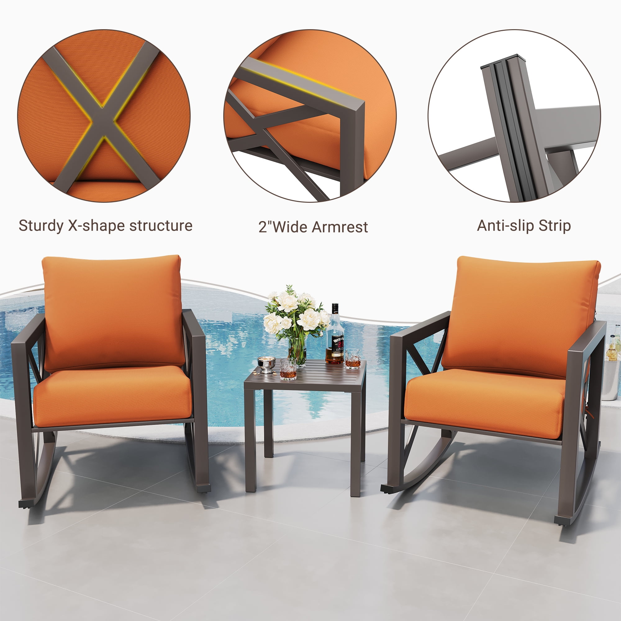 ELPOSUN Rocking Bistro Set, 3 Piece Outdoor Patio Furniture Set with 2 Rockers and 1 Metal Coffee Table, Rattan Conversation Sets with Thick Cushions for Backyard, Porch, Poolside (Orange)