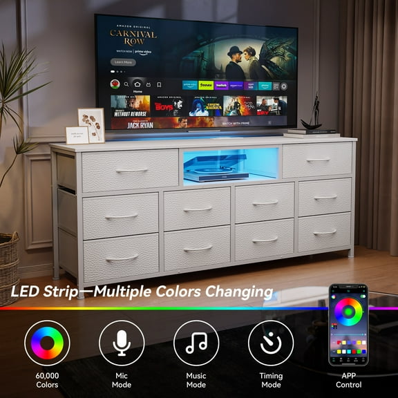 Tydimor TV Cabinet Stands for TVs up to 65", Entertainment Center with Outlet & LED, Media Console Table with 10 Drawers for Living Room, White