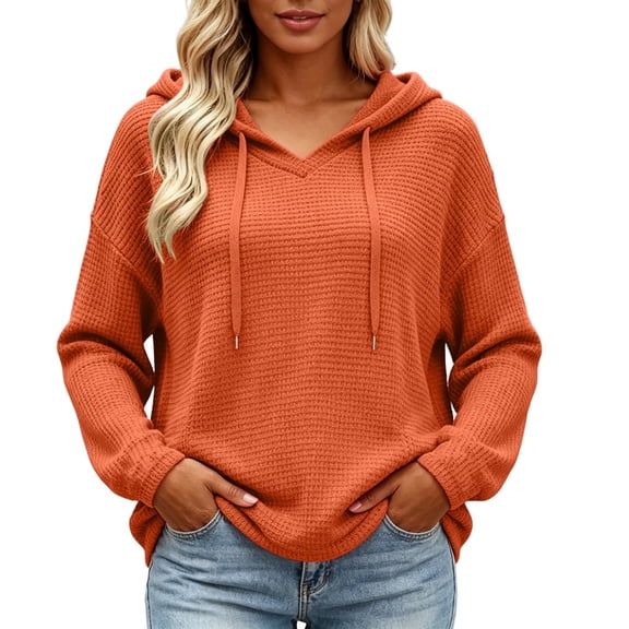 Oksale Womens Waffle Knit Hoodie Casual Drawstring Lightweight Hoodies Cozy Loose Fit Long Sleeve Sweatshirts Fall Clothes 2026 Orange S