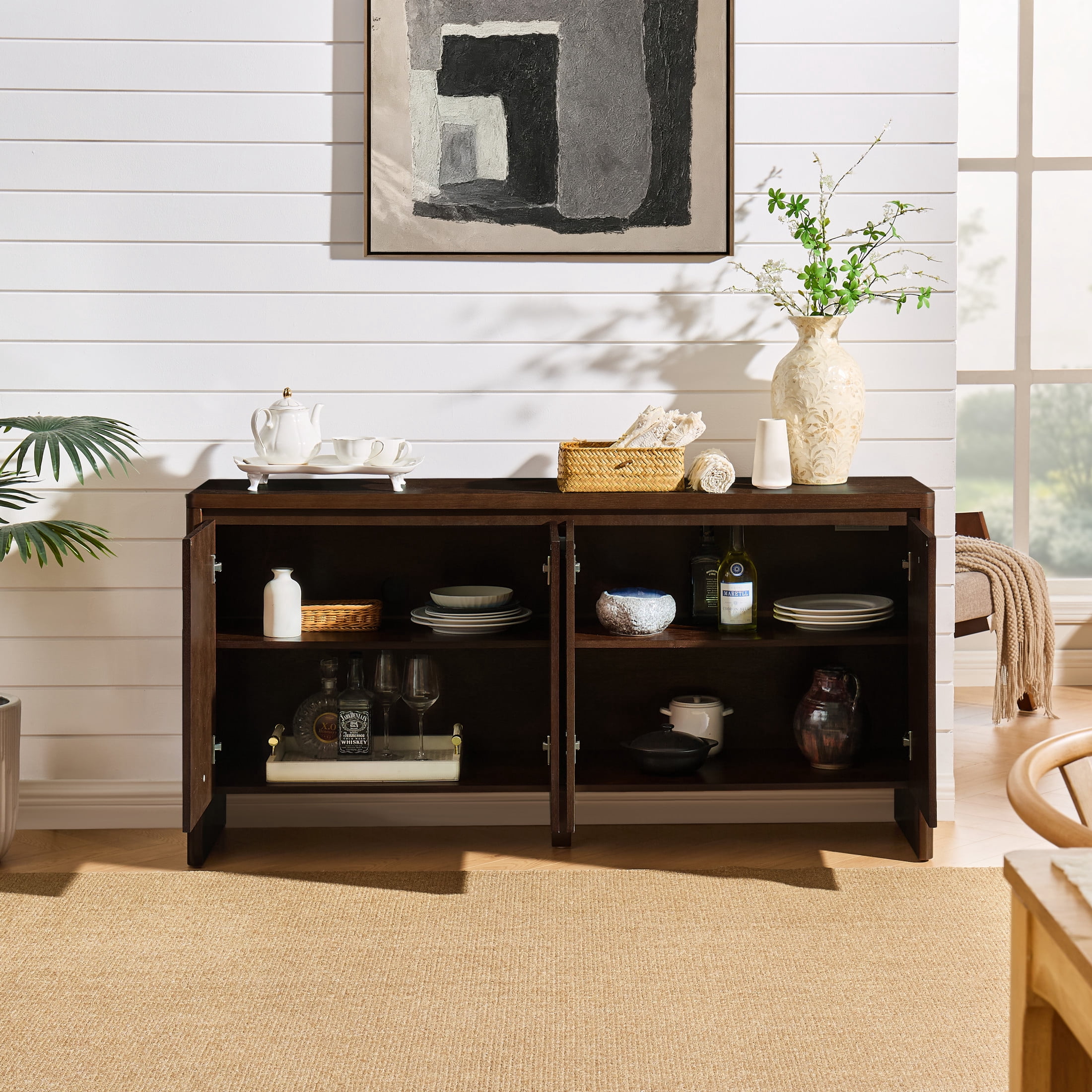 GDF Studio 61.1-Inch Mid-Century Sideboard Buffet Cabinet with Adjustable Shelves, Outlet Holes, Walnut