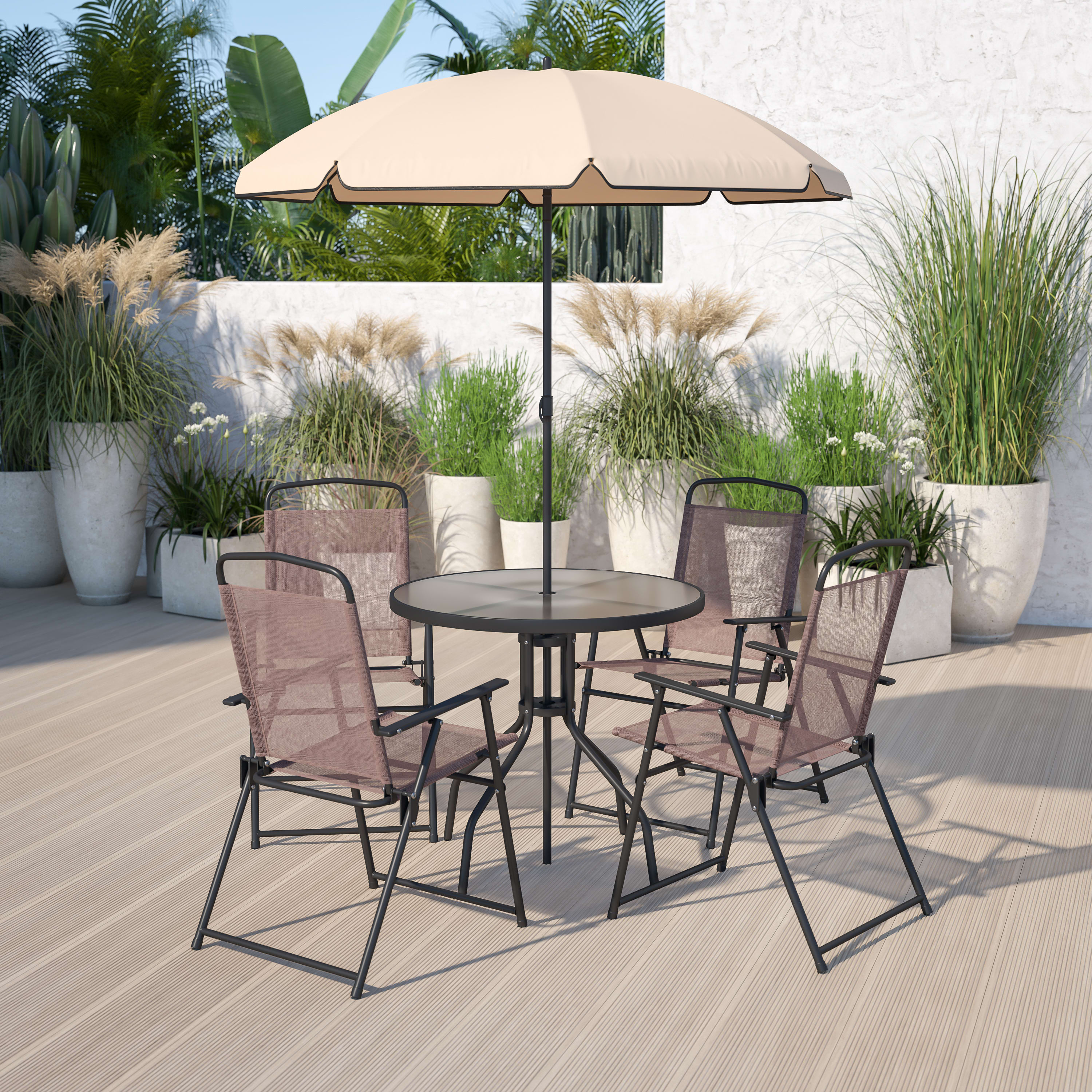 Flash Furniture Nantucket 6 Piece Brown Patio Garden Set with Umbrella Table and Set of 4 Folding Chairs - image 2 of 12