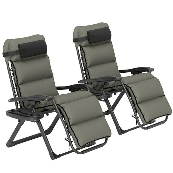 2 Pieces Zero Gravity Lounge Chair Set Reclining Folding Outdoor Lounge Chairs with Cushion Headrest Side Tray, Gray