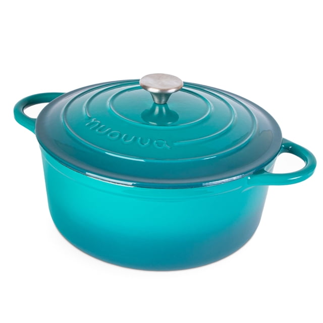 Olla holandesa de hierro fundido esmaltado Nuovva con tapa - Cacerola antiadherente de 6.4 cuartos - Resistente y apta para horno hasta 260 °C para hornear pan, estofar, guisar y asar - 28 cm verde az