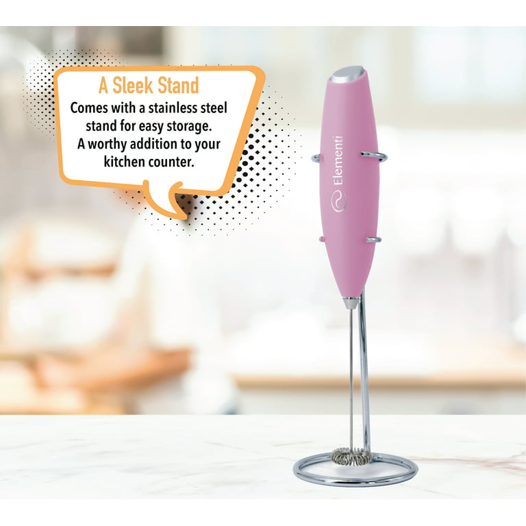 Elementi Milk Frother for Coffee with Stand - Handheld Milk Frother - Coffee Frother Handheld (Light Pink)