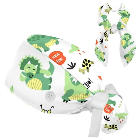 

Working Cap with Buttons and Sweatband Scrub Hat Bouffant Caps with Scrunchie Dinosaur Tie Back Hats