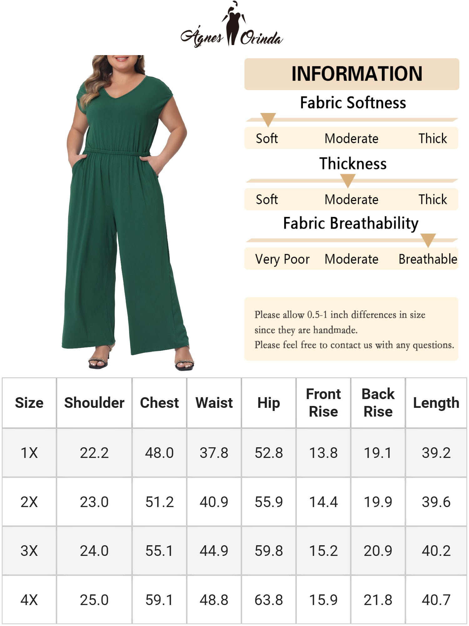 DARING DIVA Women's Plus Overall Rompers with V Neck and Sleeveless Design 4XL Green