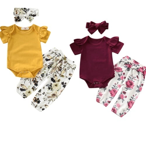 CANIS Newborn Infant Girls Clothes Tops Romper Floral Pants Headband 3PCS Outfits