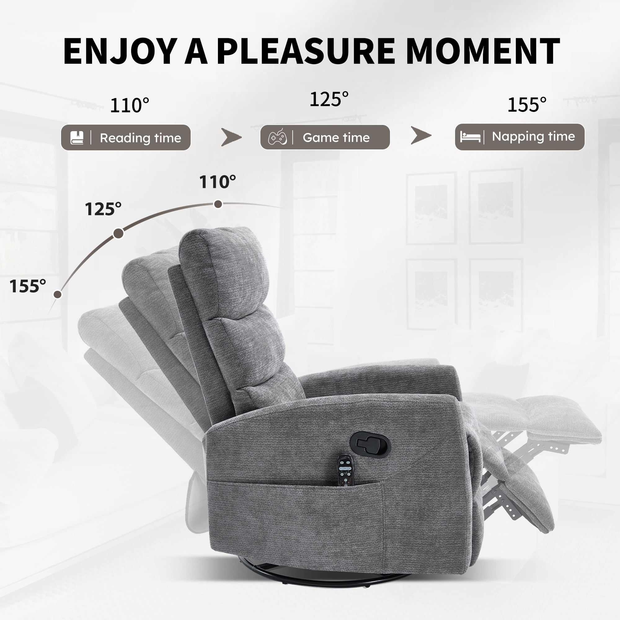 Leumius Swivel Recliner Chair,360° Glider Rocking Chair with Massage and Heating,Soft Chenille Small Manual Recliner for Nursery Home Theater,Dark Gray(Chenille)