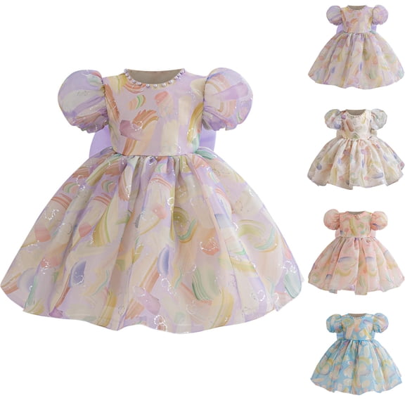 Pounoo New Girls Dresses 10-12 Fashion Print Short Sleeve Flower Girl Dresses Round Neck Long Dress Lace Bowknot Breathable Dresses For Kids Girls