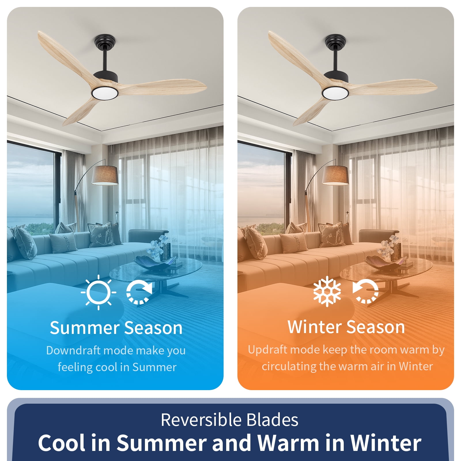 Wozzio 52-Inch Ceiling Fan with Integrated LED Light and Remote Control