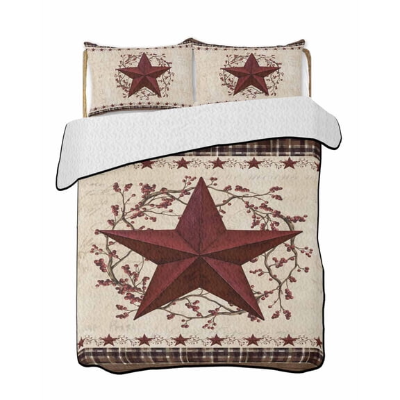 Twin XL Quilt Bedding Set, Texas Star Vintage Reversible Summer Quilt 3 Pieces, Red Berry Retro Art Farmhouse Lightweight Bedspreads Coverlets with 2 Pillow Shams for All Seasons