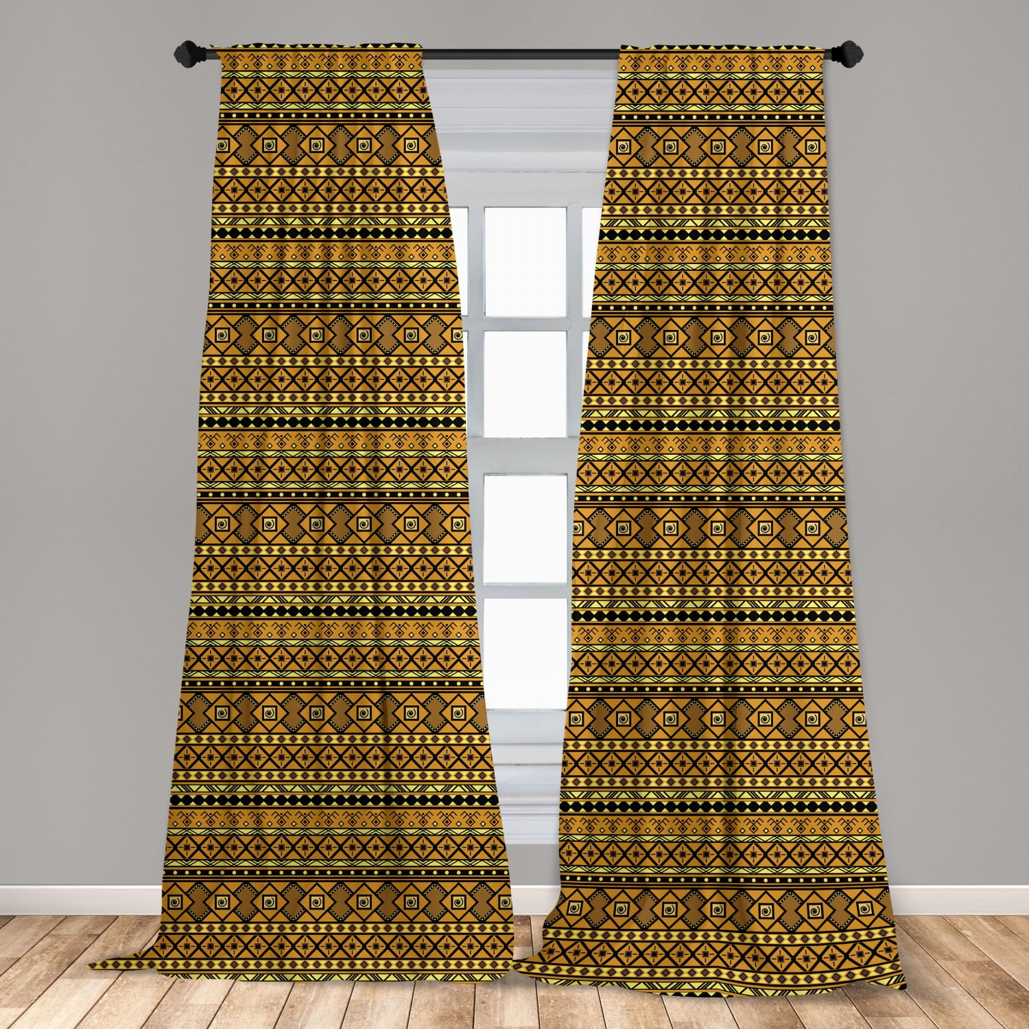 Tribal Curtains 2 Panels Set, Geometric Pattern with Origins Exotic