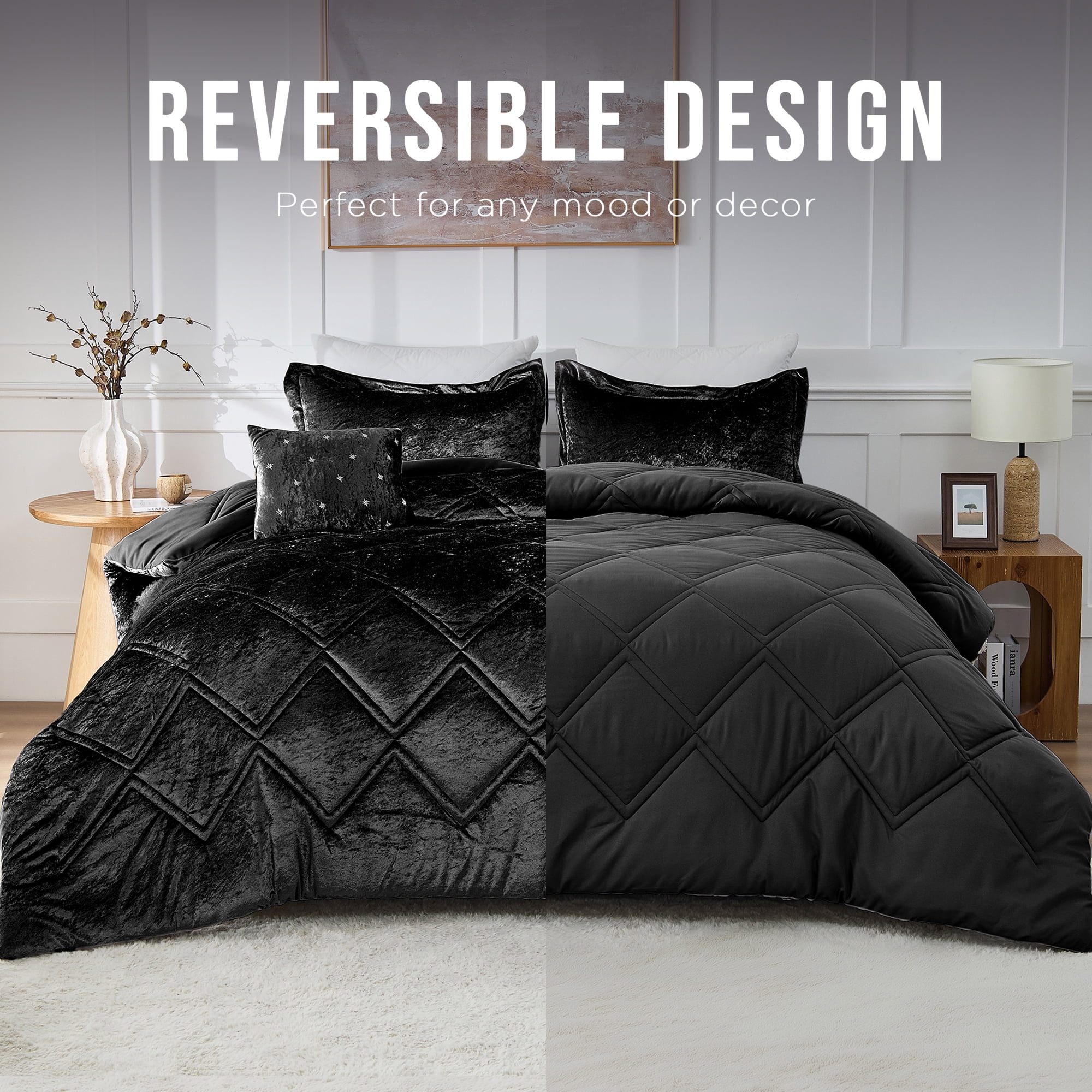 Regency Heights King/Cal King Size Comforter Sets, Velvet Bedding Comforter Set for All Seasons, Black Bedding Set with Decor Pillow